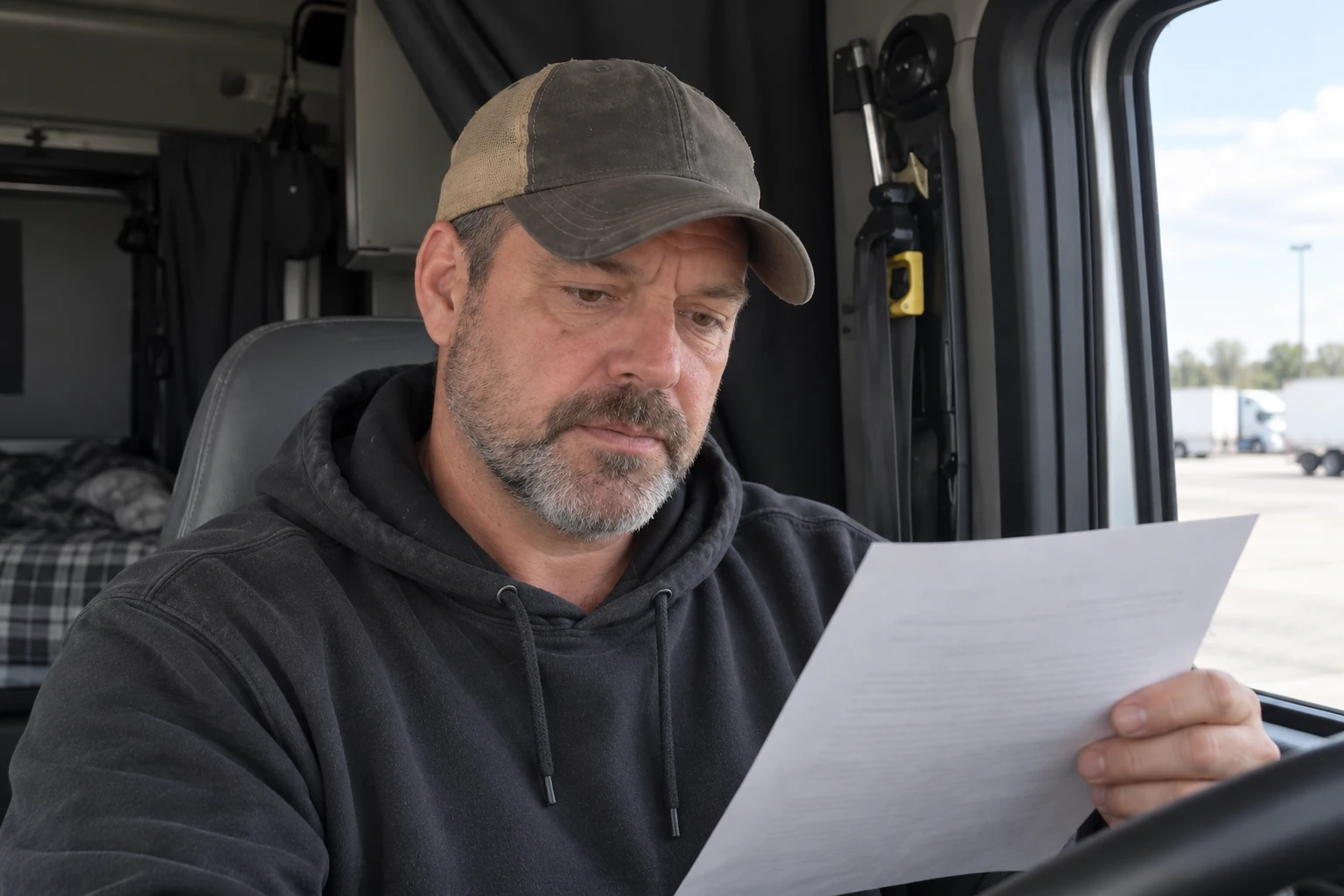Nicolas Holt parked in the cab, reading the paper behind a load