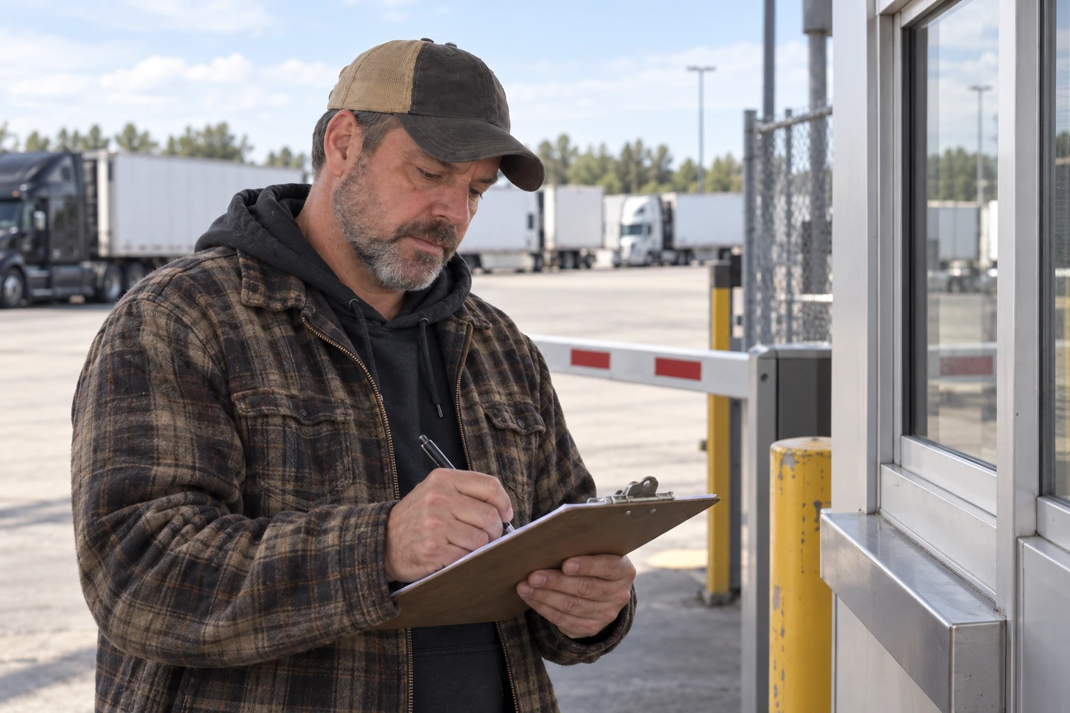 Nicolas Holt at a gate booth, writing on a clipboard
