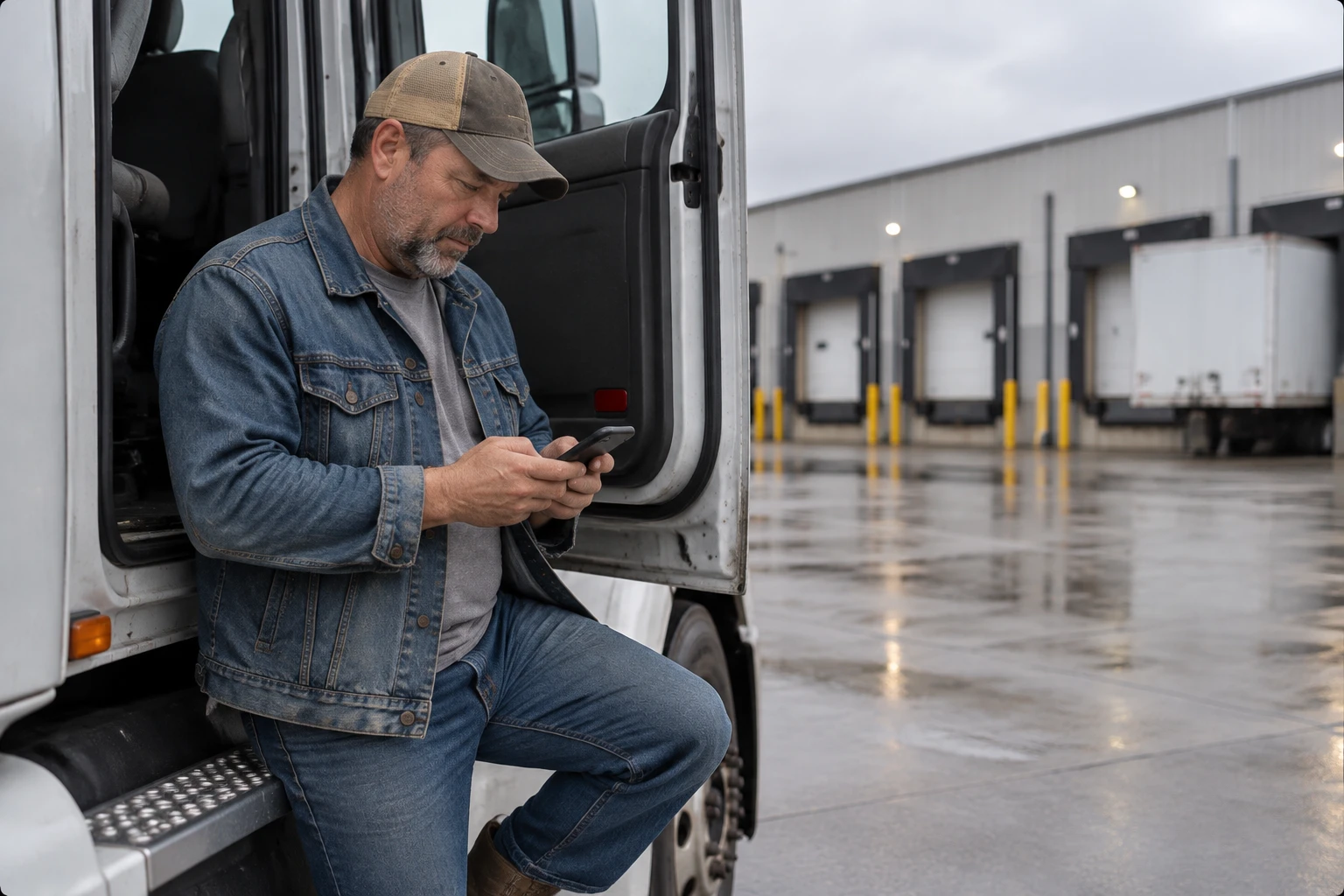Nicolas Holt leaning on the open door of his truck at a loading dock, writing a message on his phone