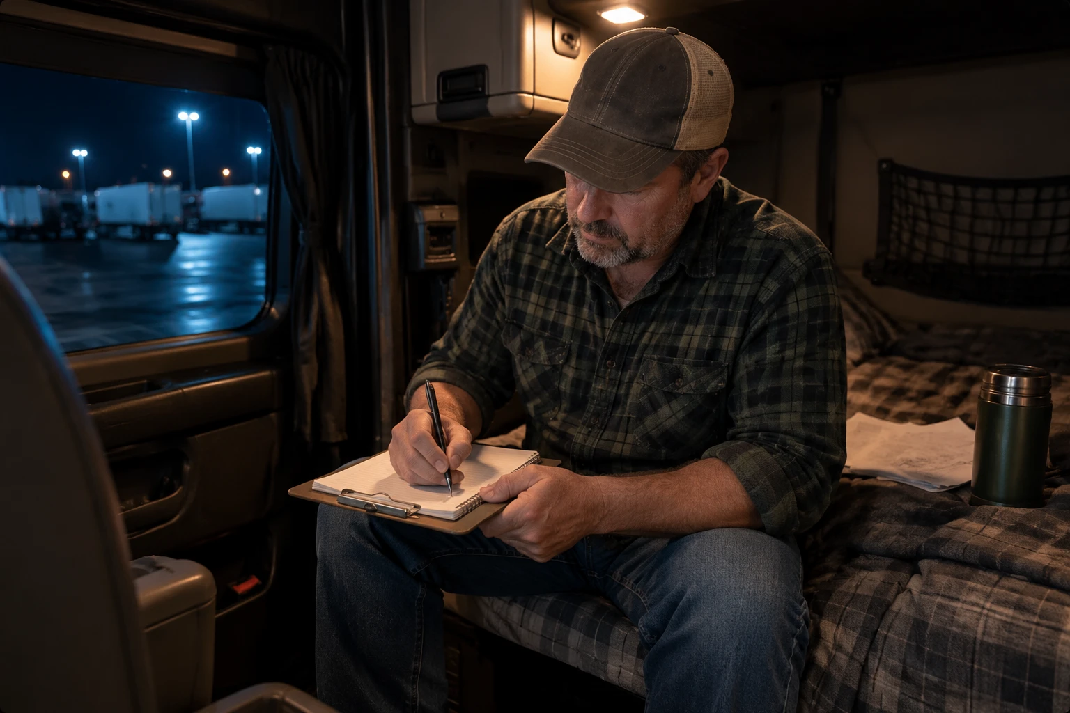 Nicolas Holt sitting on the bunk of his truck at night, writing in a notebook
