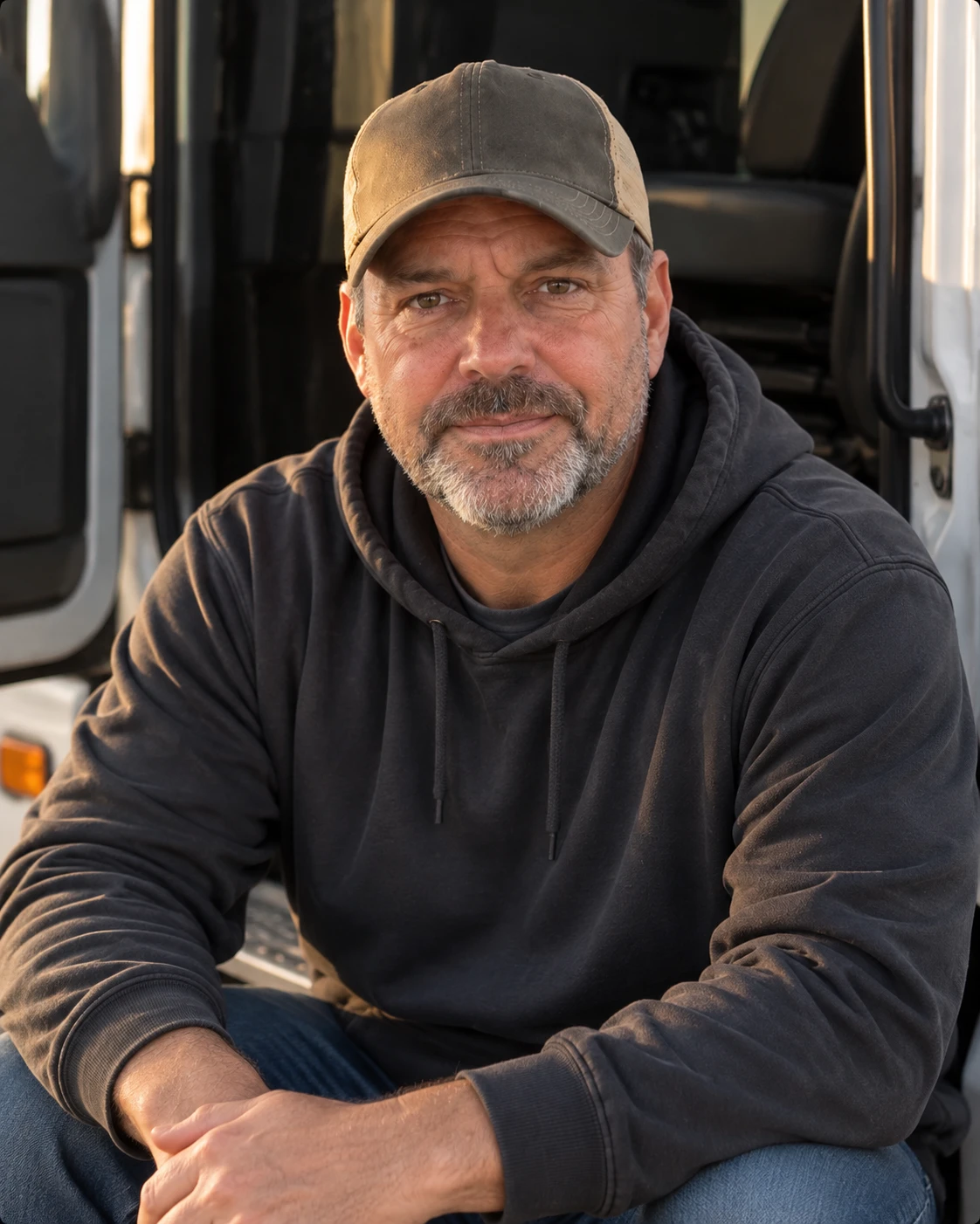 Nicolas Holt sitting on the steps of his truck